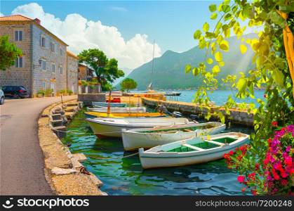 Historic city of Perast at Bay of Kotor in spring, Montenegro