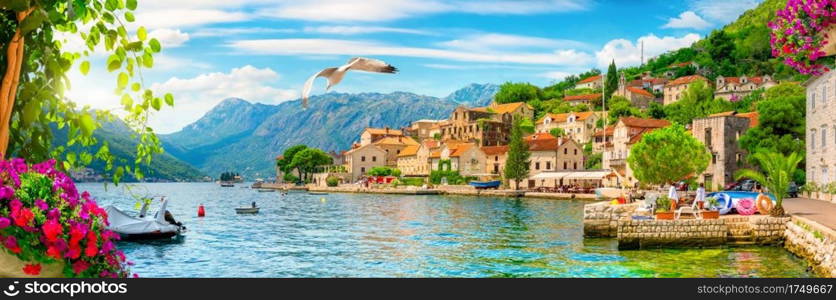 Historic city of Perast at Bay of Kotor in summer, Montenegro