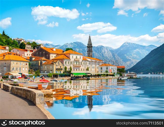 Historic city of Perast at Bay of Kotor in summer, Montenegro
