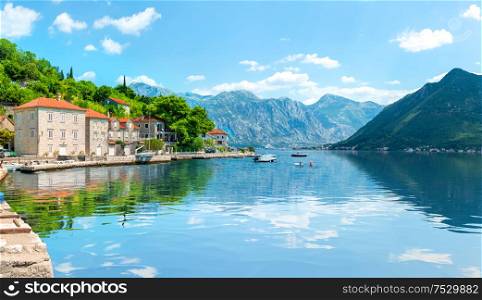 Historic city of Perast at Bay of Kotor in summer, Montenegro. Bay of Kotor in Montenegro