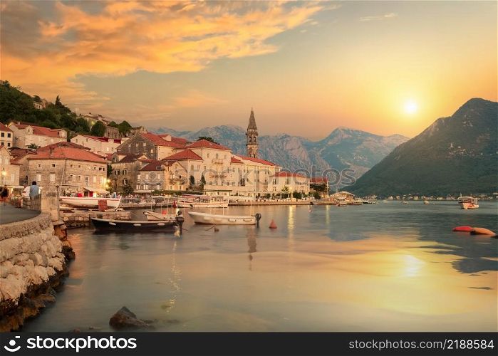 Historic city of Perast in the Bay of Kotor in summer at sunset. Bay of Kotor at sunset