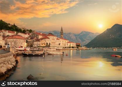 Historic city of Perast in the Bay of Kotor in summer at sunset. Bay of Kotor at sunset