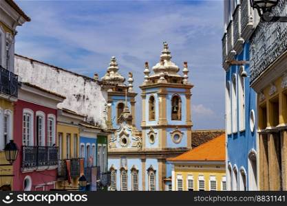 Historic colorful buildings and baroque churches in the famous Pelourinho neighborhood in Salvador, Bahia. Colorful buildings and baroque churches in Pelourinho