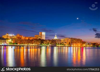Historic District waterfront of Savannah, Georgia USA at twilight