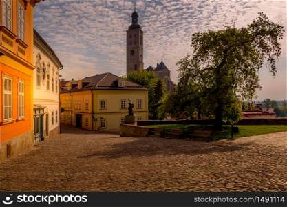 Historic houses and Church of St. James in the center of Kutna Hora in the Czech Republic, Europe. UNESCO World Heritage Site.