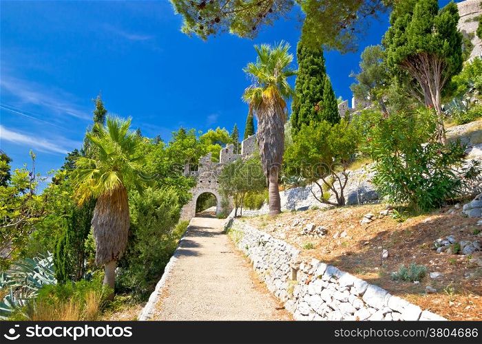 Historic Hvar fortification wall in nature with palm, agave - Dalmatia, Croatia