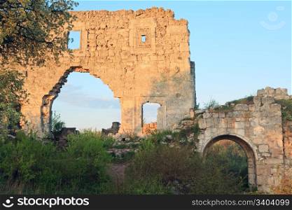 Historic Mangup Kale fortress stony walls ruins (Mangup Kale - historic fortress and ancient cave settlement in Crimea, Ukraine)