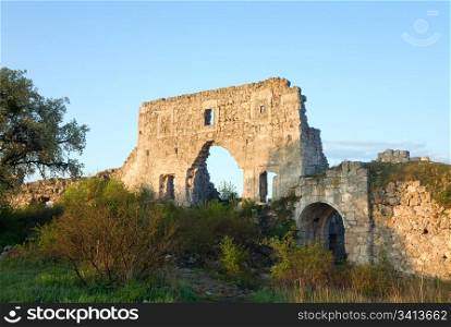 Historic Mangup Kale fortress stony walls ruins (Mangup Kale - historic fortress and ancient cave settlement in Crimea, Ukraine)