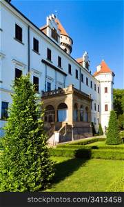 Historic medieval Konopiste Castle in Czech Republic ( central Bohemia, near Prague ) with white board in front of the house.