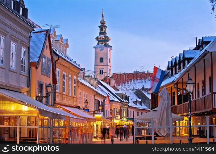 Historic old Tkalciceva street of Zagreb evening advent view, capital of Croatia