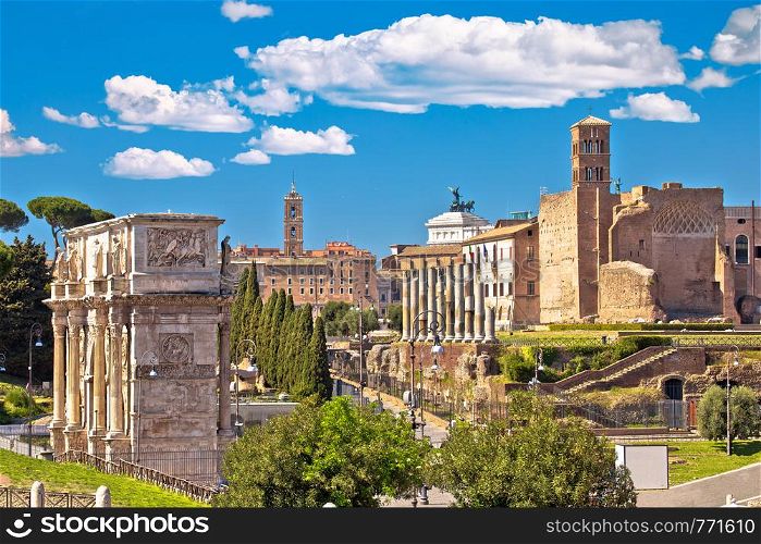 Historic Roman Forum in Rome scenic springtime view, Forum Romanum and Arch of Constantine, capital of Italy