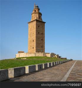 Historic roman lighthouse Torre de Hercules, landmark of A Coruna, Galicia, Spain