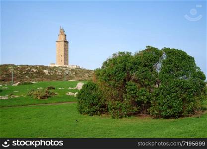 Historic roman lighthouse Torre de Hercules, landmark of A Coruna, Galicia, Spain