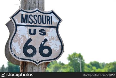 Historic route 66 highway sign in Missouri, USA.