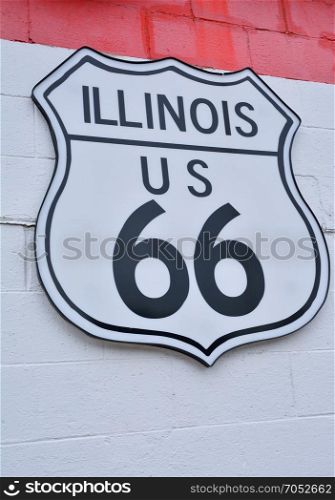 Historic Route 66 road sign in Joliet, Illinois.