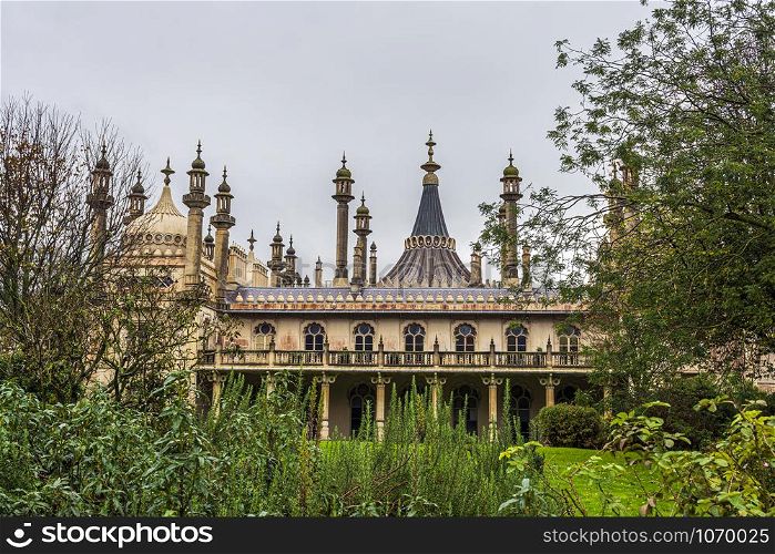 Historic Royal pavillion in Brighton, England. The Royal Pavilion, also known as the Brighton Pavilion, is a former royal residence located in Brighton, England.. Historic Royal pavillion in Brighton UK