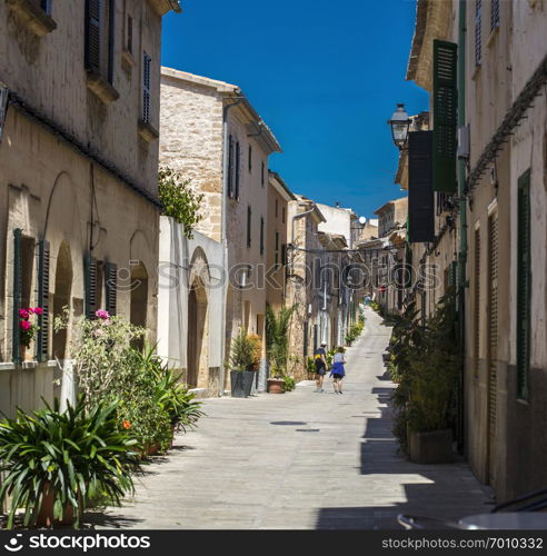 Historic street at sunset in Alcudia, Mallorca, Spain