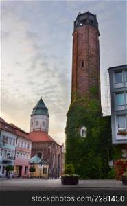 Historic tower of city hall building in Kozuchow, Poland