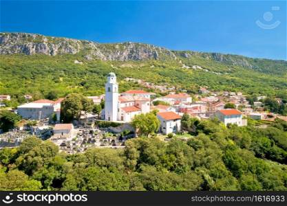 Historic town of Bribir and Vinodol valley cliffs aerial view, Kvarner region of Croatia