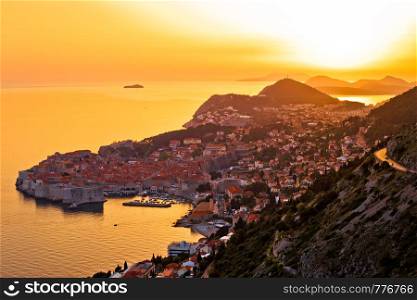 Historic town of Dubrovnik aerial sunset view, Dalmatia region of Croatia