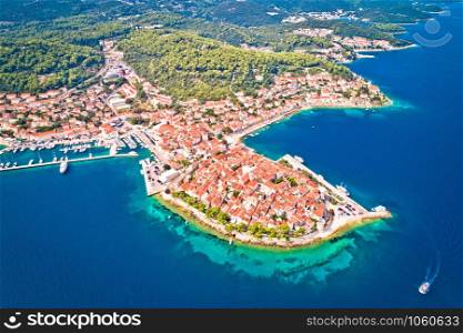 Historic town of Korcula aerial panoramic view, island in archipelago of southern Croatia