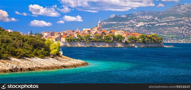 Historic town of Korcula archipelago panoramic view, island in archipelago of southern Croatia 