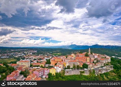 Historic town of Labin on picturesque hill aerial view, Istria region of Croatia