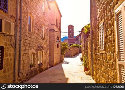 Historic town of Ston street and church view, Peljesac peninsula, Dalmatia region of Croatia