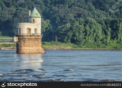 Historic water intake tower number 1 built in 1894 below the Old Chain of Rocks bridge on the Mississippi River near St Louis