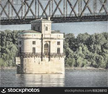 Historic water intake tower number 2 built in 1915 and the Old Chain of Rocks bridge on the Mississippi River near St Louis, a photo with digital painitng effect