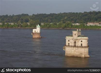 historic water towers (water intake) on the Mississippi River above St Louis as seen from the old Chain of Rocks bridge