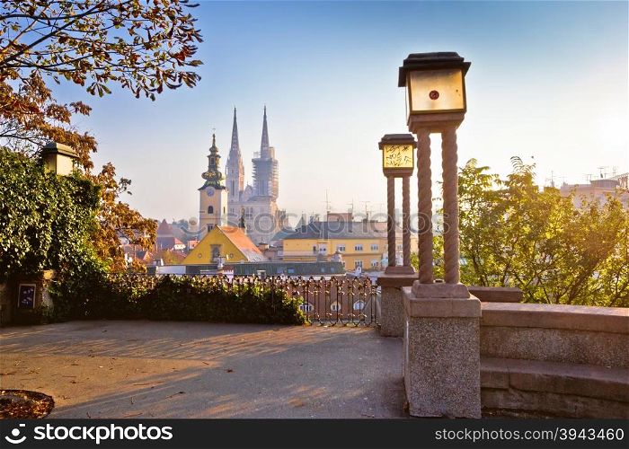 Historic Zagreb towers sunrise view, capital of Croatia