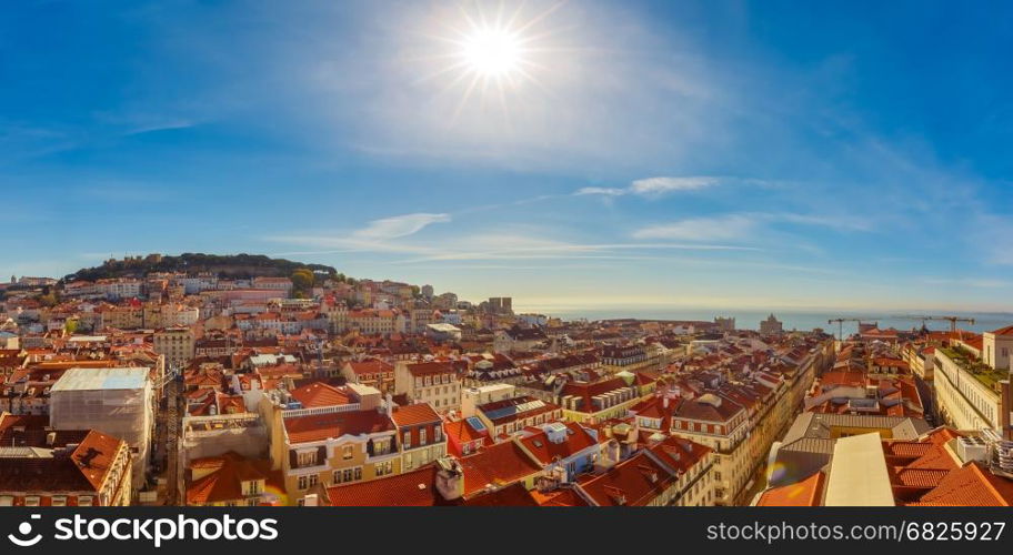 Historical centre of Lisbon on sunny day, Portugal. Aerial panoramic view of Castle of Sao Jorge and the historical centre of Lisbon on the sunny afternoon, Lisbon, Portugal