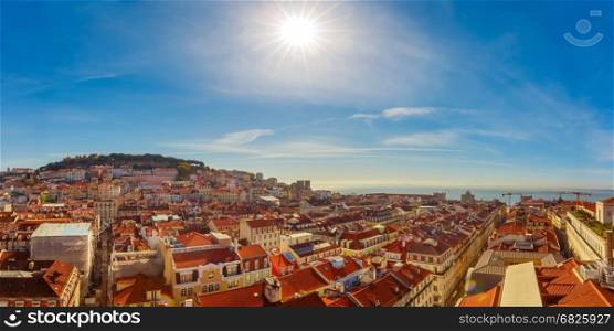 Historical centre of Lisbon on sunny day, Portugal. Aerial panoramic view of Castle of Sao Jorge and the historical centre of Lisbon on the sunny afternoon, Lisbon, Portugal