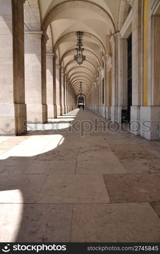 historical Commerce Square arcades in Lisbon, Portugal