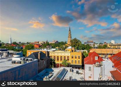Historical downtown area of Charleston, South Carolina cityscape in USA at twilight