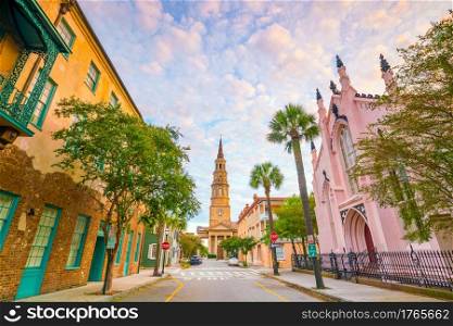 Historical downtown area of Charleston, South Carolina, USA at twilight.