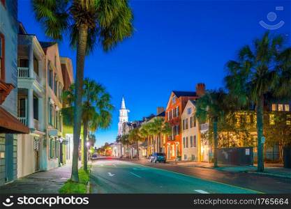 Historical downtown area of Charleston, South Carolina, USA at twilight.