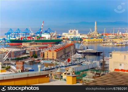 Historical Lanterna old Lighthouse, container and passenger terminals in seaport of Genoa on Mediterranean Sea, Italy.