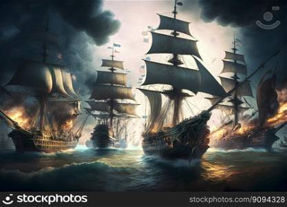 Historical painting of Sea battle in late 18th early 19th century, Ships ablaze, created with Generative AI technology
