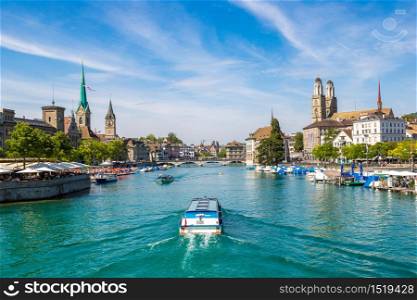 Historical part of Zurich with famous Fraumunster and Grossmunster churches in a beautiful summer day, Switzerland