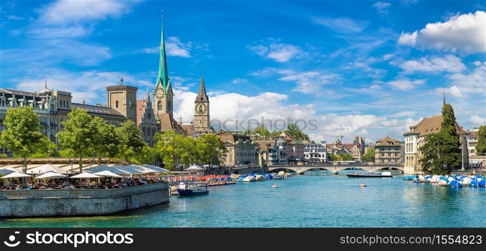 Historical part of Zurich with famous Fraumunster and Grossmunster churches in a beautiful summer day, Switzerland