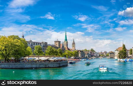 Historical part of Zurich with famous Fraumunster and Grossmunster churches in a beautiful summer day, Switzerland