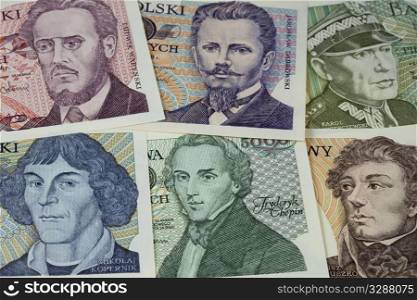 historical portraits (including Chopin and Copernicus) on vintage banknotes from Poland (1970s)