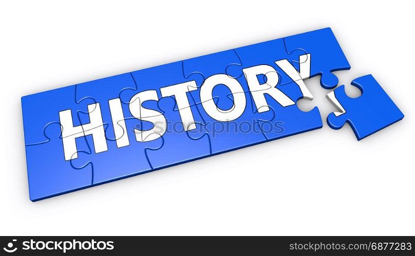 History sign and text on blue jigsaw puzzle 3D illustration on white background.