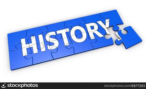 History sign and text on blue jigsaw puzzle 3D illustration on white background.