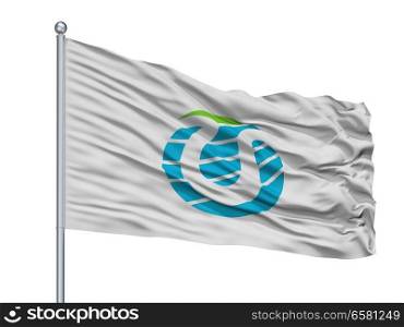 Hitachiomiya City Flag On Flagpole, Country Japan, Ibaraki Prefecture, Isolated On White Background. Hitachiomiya City Flag On Flagpole, Japan, Ibaraki Prefecture, Isolated On White Background