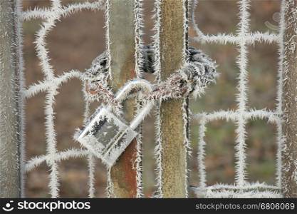 Hoarfrost on a padlock and chain