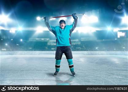 Hockey player raised his hands up, winner threw the puck into the goal, spotlights on background. Male person in helmet, gloves and uniform in ice arena