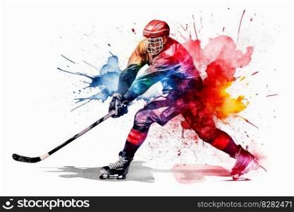 Hockey player shot. Watercolor splash. Generate Ai. Hockey player shot. Generate Ai